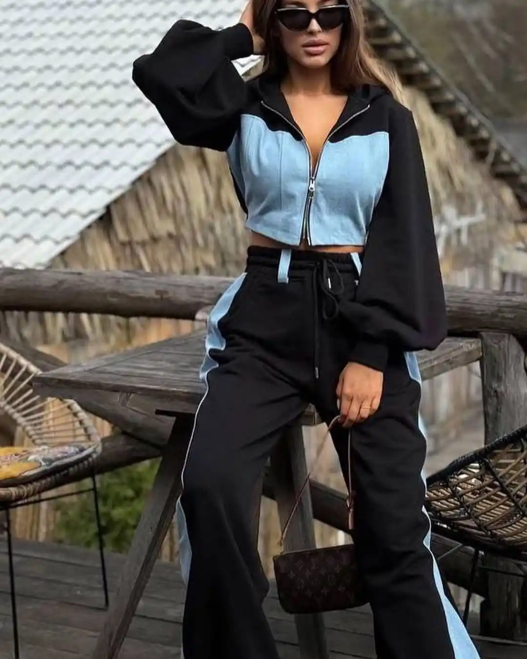 Color blocked Black Fleece Cropped oversized hoodie Co-ord Set..png